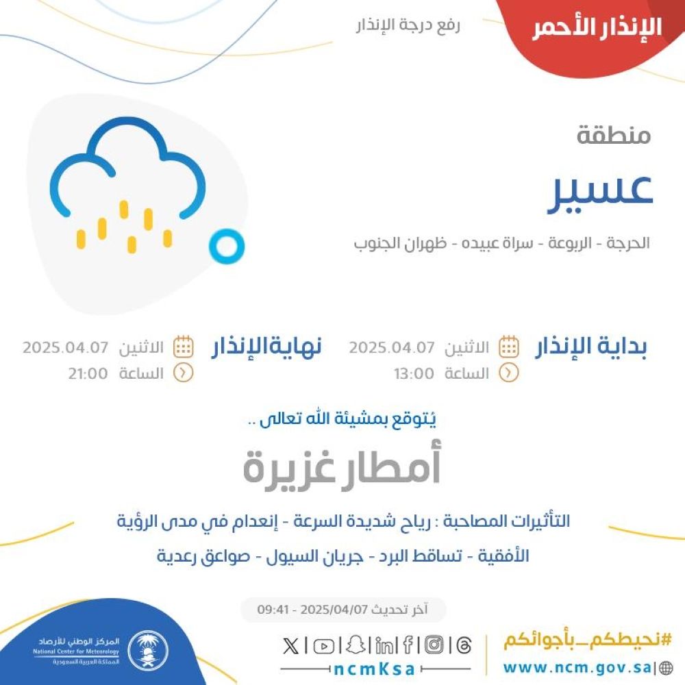 إنذار أحمر من أمطار غزيرة على مكة وعسير - الأرصاد (إكس)