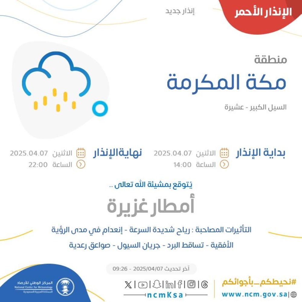 إنذار أحمر من أمطار غزيرة على مكة وعسير - الأرصاد (إكس)